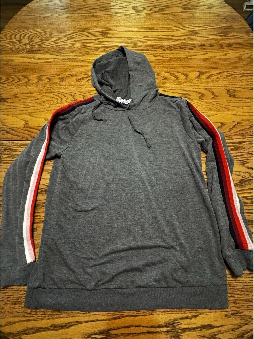 Daniali USA Womens L Gray Hoodie Red White Stripe Sleeve Retro Y2K